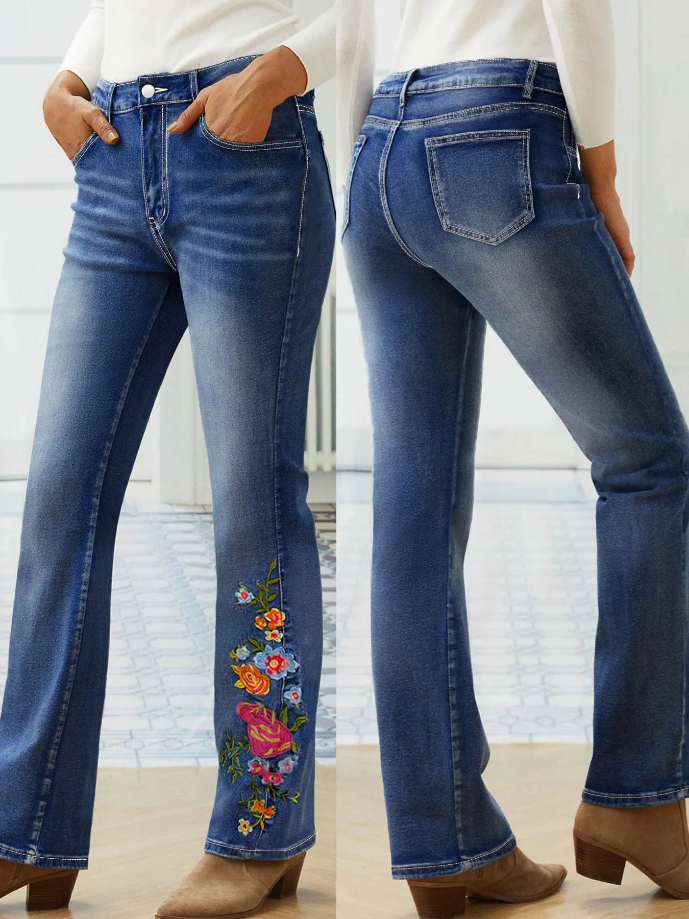 Women's Plus Size Vintage Blue Flare Jeans with Floral Embroidery Washed Denim Bootcut Pants Slim Fit Hip Enhancing Daily Wear
Women's Plus Size Vintage Blue Flare Jeans with Floral Embroidery Washed Denim Bootcut Pants Slim Fit Hip Enhancing Daily Wear