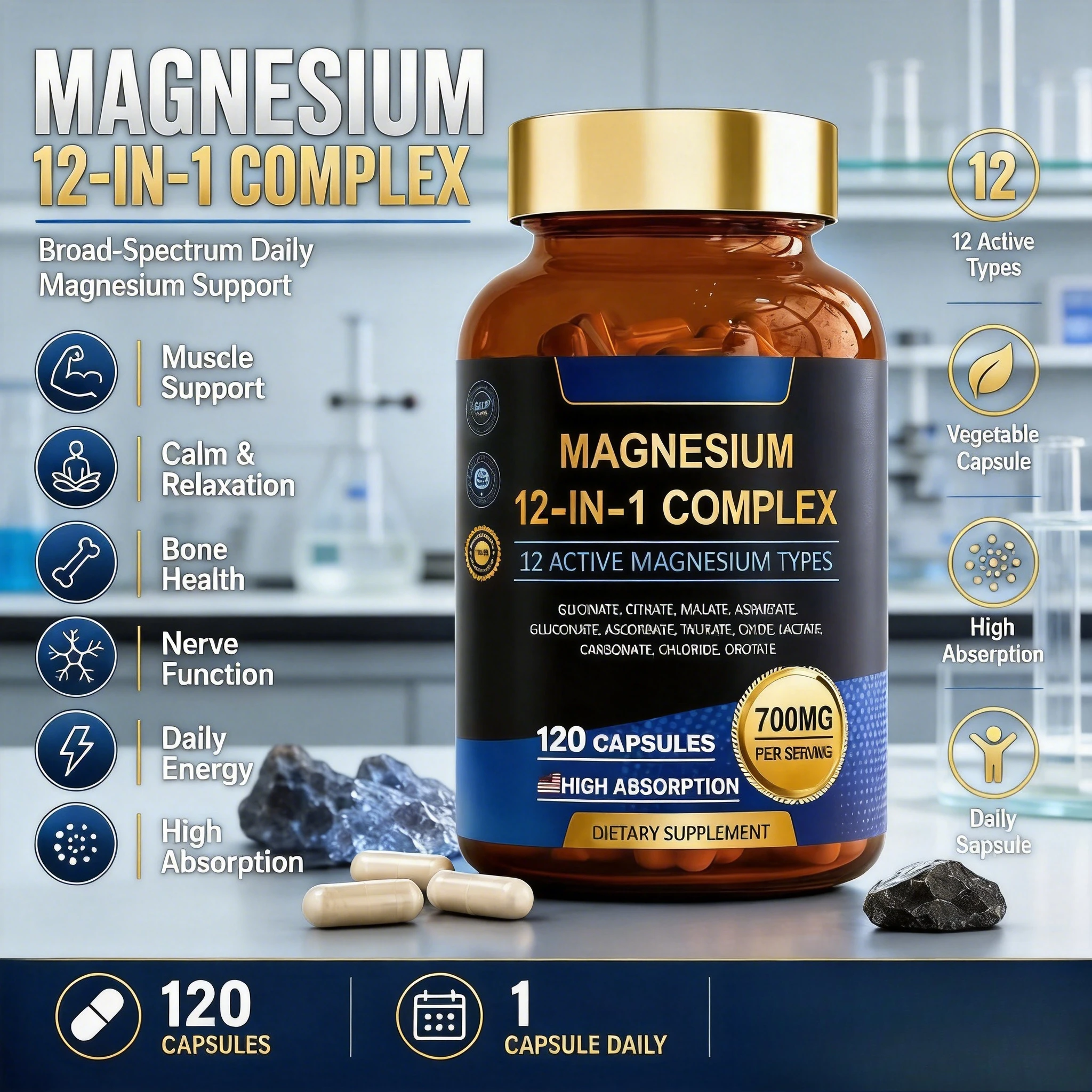 Magnesium 12 in 1 Complex 12 Active Magnesium Types Supports Muscle Bone Nerve Wellness 120 Capsules
Magnesium 12 in 1 Complex 12 Active Magnesium Types Supports Muscle Bone Nerve Wellness 120 Capsules