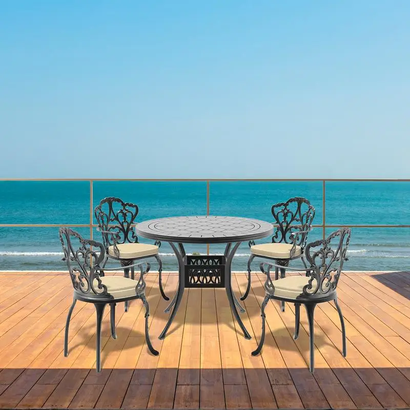 5-Piece Cast Aluminum Patio Furniture Set with Beige Cushions for Outdoor Use
5-Piece Cast Aluminum Patio Furniture Set with Beige Cushions for Outdoor Use