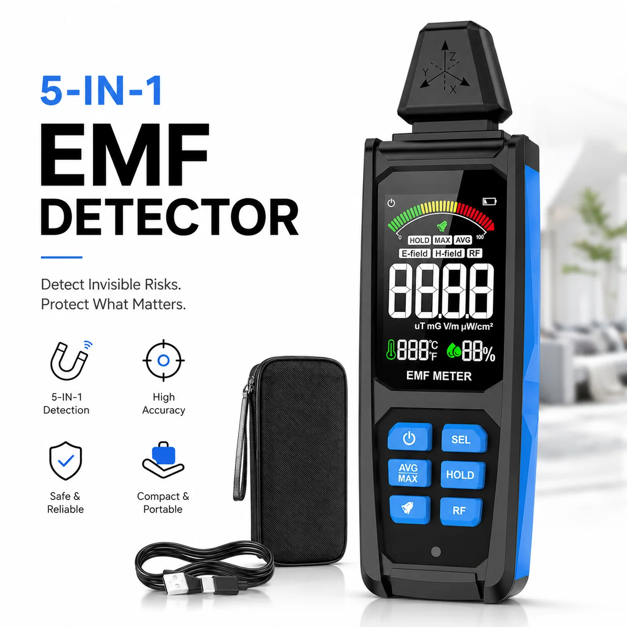 5-in-1 EMF Meter Radiation Detector, RF 30MHz-8GHz with Max Hold & Audio Alarm, Rechargeable EMF Tester for Home 5G/WiFi Survey
5-in-1 EMF Meter Radiation Detector, RF 30MHz-8GHz with Max Hold & Audio Alarm, Rechargeable EMF Tester for Home 5G/WiFi Survey