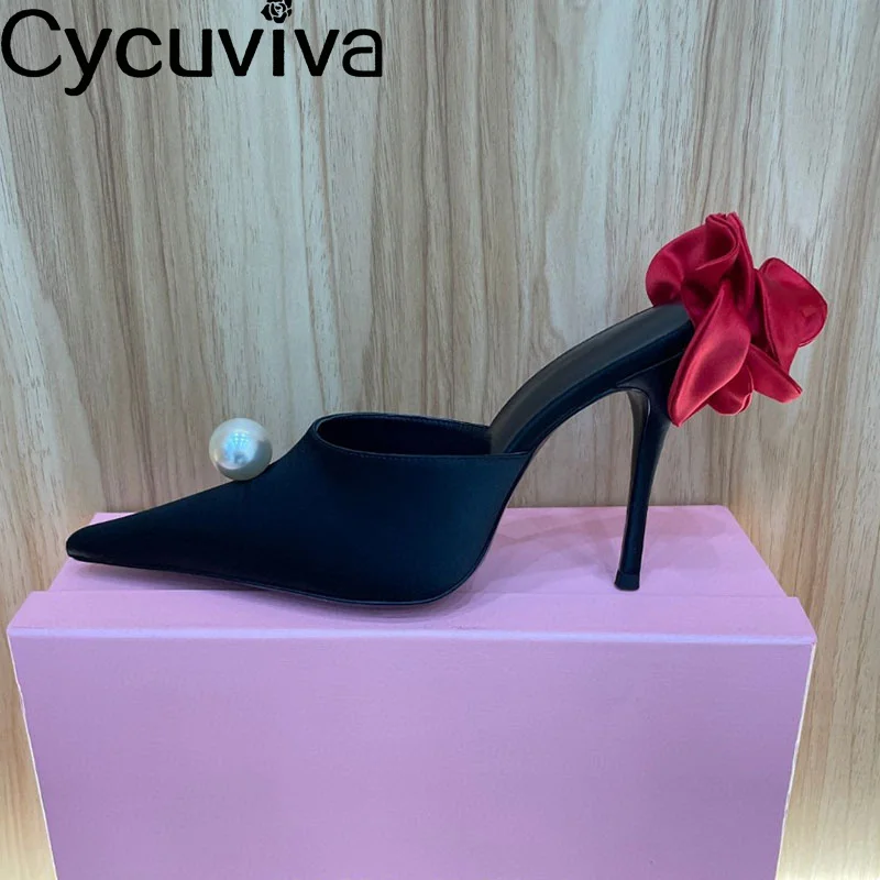 New Pearl Beaded High Heels Slippers Women Black Silk Pointy Toe Designer Mules Slides Sexy Flower Party Dress Shoes For Women
New Pearl Beaded High Heels Slippers Women Black Silk Pointy Toe Designer Mules Slides Sexy Flower Party Dress Shoes For Women