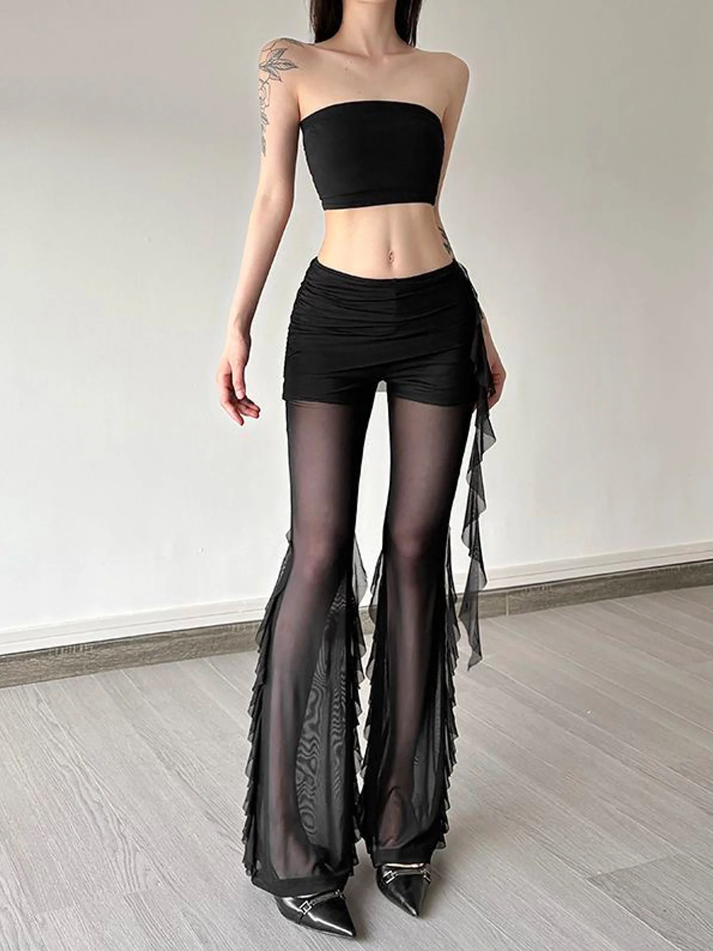 Fashionable Casual Pants Women's High Waist Flared Mesh Splice See through Slimming Long Trousers Summer New Style Pleated
Fashionable Casual Pants Women's High Waist Flared Mesh Splice See through Slimming Long Trousers Summer New Style Pleated