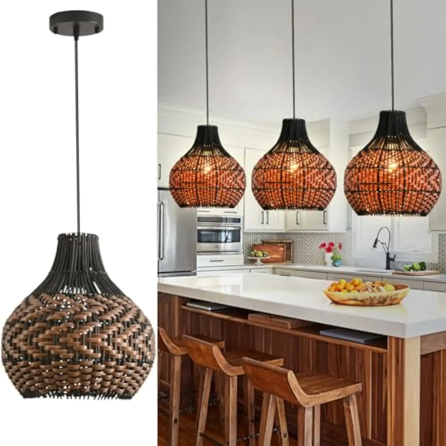3-Pack Rattan Pendant Light 10.24 Hand-Woven Black Brown Fax Rattan Basket Chandelier Mini Boho Wicker Hanging Lamp for Dining
3-Pack Rattan Pendant Light 10.24 Hand-Woven Black Brown Fax Rattan Basket Chandelier Mini Boho Wicker Hanging Lamp for Dining