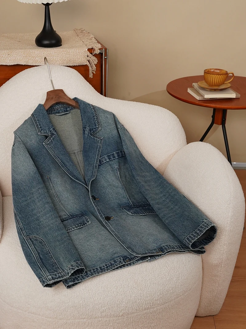 Retro Waed Distred Denim Loose Casual Versatile Daily Korean Sle Spring Autumn Workwear Jaet Denim Outerwear 
Retro Waed Distred Denim Loose Casual Versatile Daily Korean Sle Spring Autumn Workwear Jaet Denim Outerwear