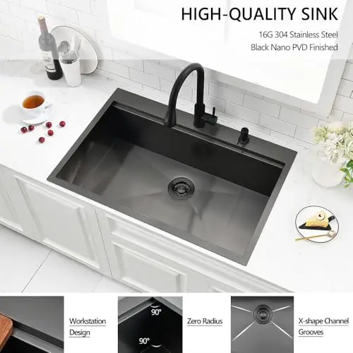33 Inch Black Nano PVD Finished 16G 304 Stainless Steel Drop-In Single Bowl Kitchen Sink With Workstation Design
33 Inch Black Nano PVD Finished 16G 304 Stainless Steel Drop-In Single Bowl Kitchen Sink With Workstation Design