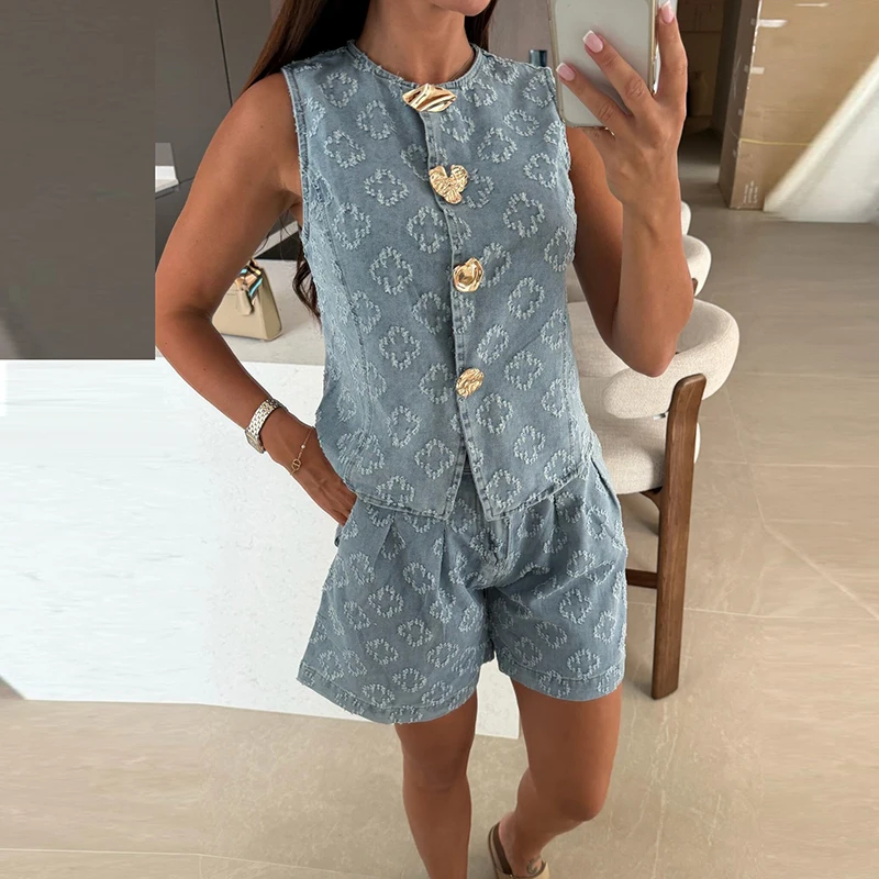 Fashion Solid High Waist Office Commute Outfit Casual Denim Vest+Shorts 2pc Set Elegant O-neck Single Breasted Sleeveless Suit
Fashion Solid High Waist Office Commute Outfit Casual Denim Vest+Shorts 2pc Set Elegant O-neck Single Breasted Sleeveless Suit
