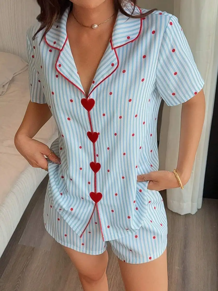 Blue Striped Red Polka Dot Heart Embroidered Pajama Set Short Sleeve Collared Top And Shorts
Blue Striped Red Polka Dot Heart Embroidered Pajama Set Short Sleeve Collared Top And Shorts