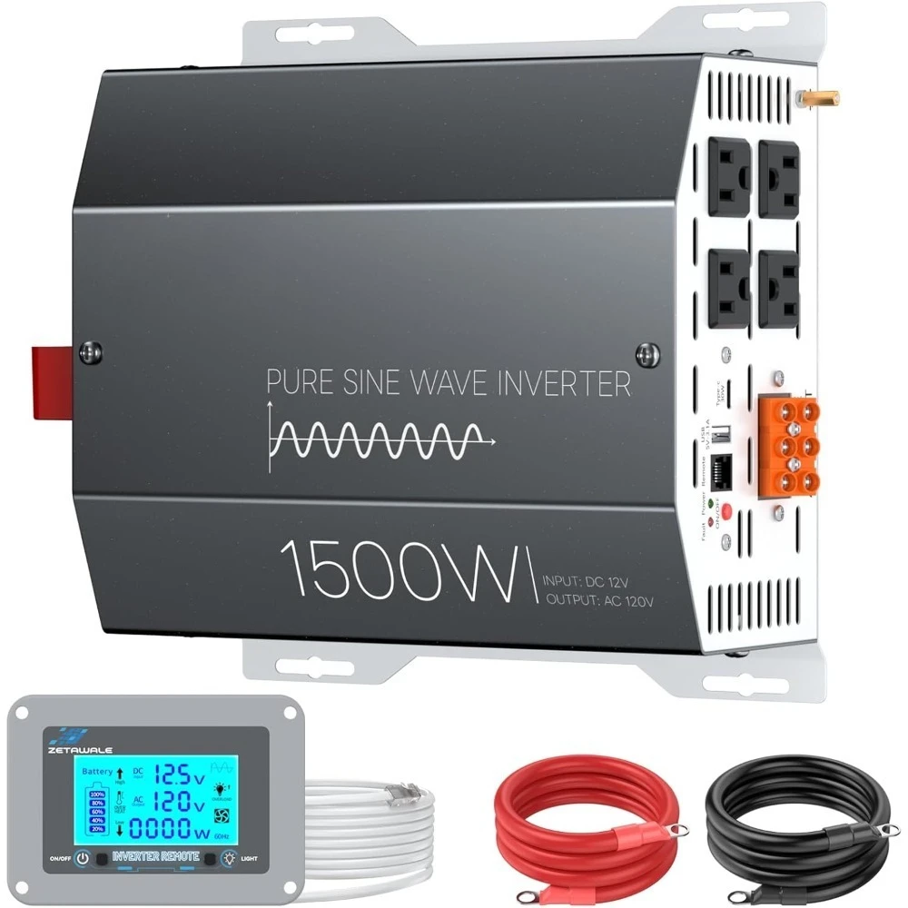 1500 Watt Pure Sine Wave Inverter 12v DC to 110v 120v AC Converter,3000W Peak Power Inverter with 4 AC Outlets,USB Port
1500 Watt Pure Sine Wave Inverter 12v DC to 110v 120v AC Converter,3000W Peak Power Inverter with 4 AC Outlets,USB Port
