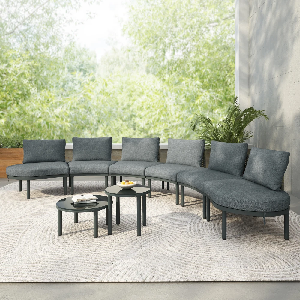 8-piece patio sofa furniture set, 2 high and low coffee tables, PE rattan, tempered glass, 6 pillows and cushions, gray
8-piece patio sofa furniture set, 2 high and low coffee tables, PE rattan, tempered glass, 6 pillows and cushions, gray