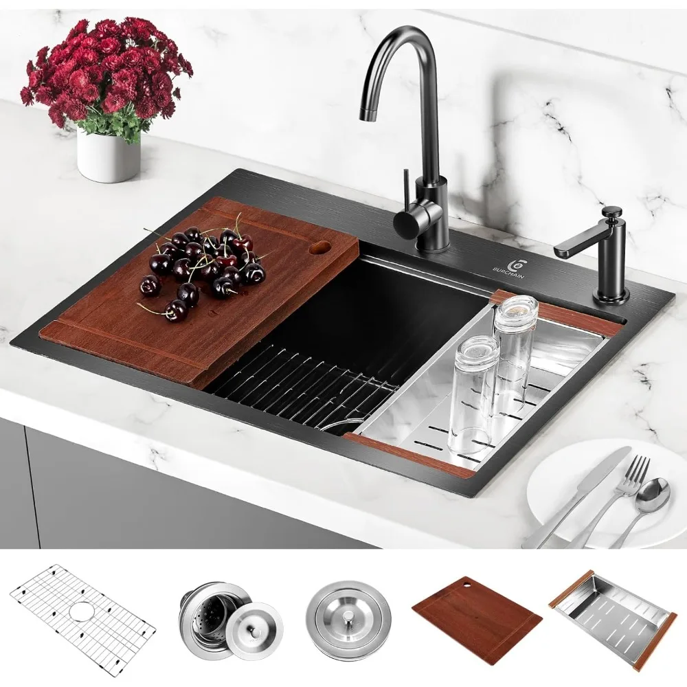 30 Inch Kitchen Sink, 16 Gauge Drop in Single Bowl Workstation Sinks 2-Hole Top Mount with 5 Accessories, Kitchen Sink
30 Inch Kitchen Sink, 16 Gauge Drop in Single Bowl Workstation Sinks 2-Hole Top Mount with 5 Accessories, Kitchen Sink