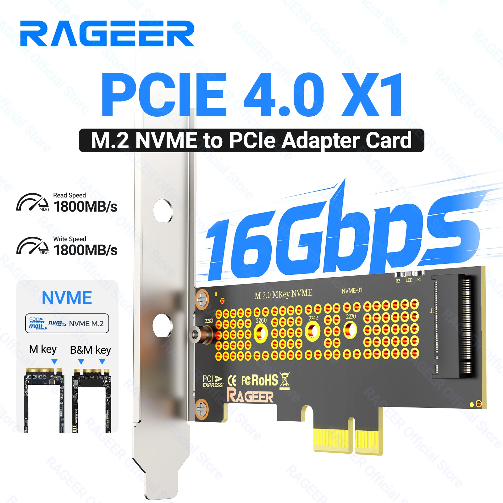 RAGEER PCIE to NVMe X1 Adapter Card, PCI Express 4.0/3.0 16Gbps to M.2 2280/60/42/30 SSD Converter with Metal Profile Bracket
RAGEER PCIE to NVMe X1 Adapter Card, PCI Express 4.0/3.0 16Gbps to M.2 2280/60/42/30 SSD Converter with Metal Profile Bracket