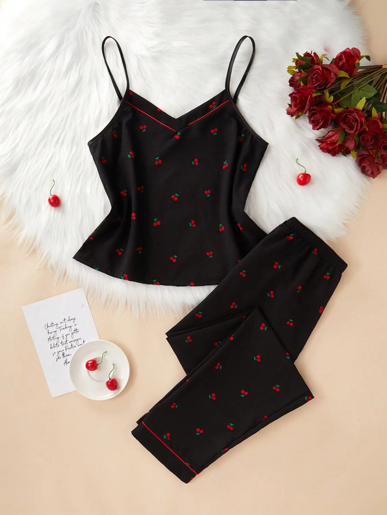 Black Cherry Print V-Neck Cami Top and Pants Pajama Set for Women
Black Cherry Print V-Neck Cami Top and Pants Pajama Set for Women