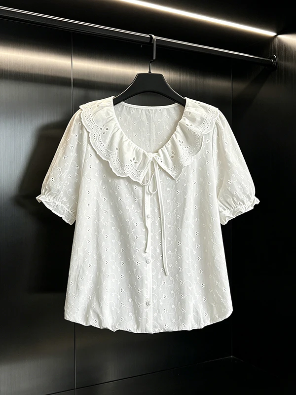 plus Size Summer New Style Embroidered Lace Doll Collar Shirt with Bow Knot Short Sleeve Versatile Women's Top Korean Style
plus Size Summer New Style Embroidered Lace Doll Collar Shirt with Bow Knot Short Sleeve Versatile Women's Top Korean Style