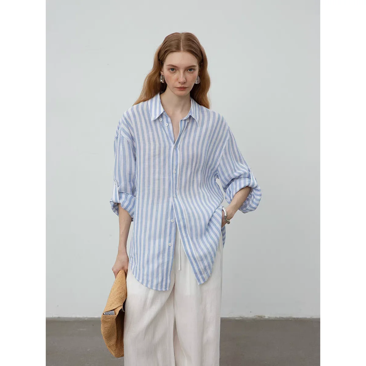 Blue Striped Linen Women's Summer Casual Loose Sun Protection Shirt Long Sleeve Button up Mid-Length Coat Style Top
Blue Striped Linen Women's Summer Casual Loose Sun Protection Shirt Long Sleeve Button up Mid-Length Coat Style Top
