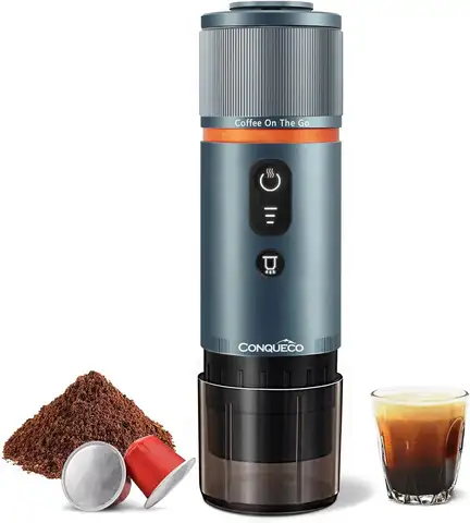 Máquina de café expreso portátil de 12 V: cafetera de viaje con batería para cápsulas Nespresso, autocalentable, 8 tazas, azul humo