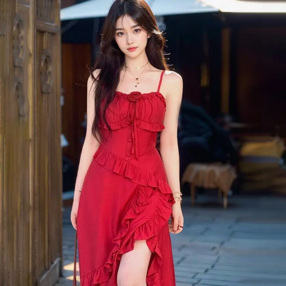 Red French Vintage Dress 2025 Summer Sleeveless Slit Dress Women Bodycon Ruffled Hem Sundress Parisian Chic Dinner Party Gown
Red French Vintage Dress 2025 Summer Sleeveless Slit Dress Women Bodycon Ruffled Hem Sundress Parisian Chic Dinner Party Gown