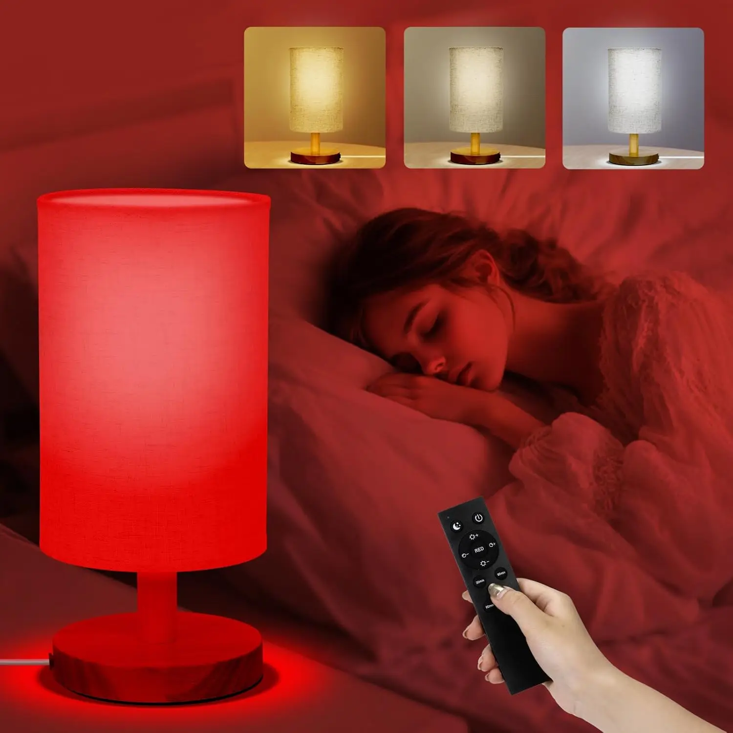 Red Light Bedside Lamp with Remote, Timer & Dimmable White Light, Wood Base Fabric Shade
Red Light Bedside Lamp with Remote, Timer & Dimmable White Light, Wood Base Fabric Shade