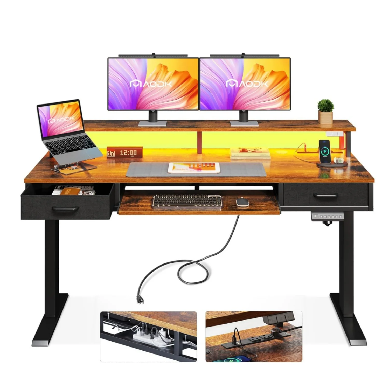 Electric Standing Desk with Drawers & Keyboard Tray, 55 Inch Height Adjustable Gaming Desk with Power Outlets & LED Lights
Electric Standing Desk with Drawers & Keyboard Tray, 55 Inch Height Adjustable Gaming Desk with Power Outlets & LED Lights