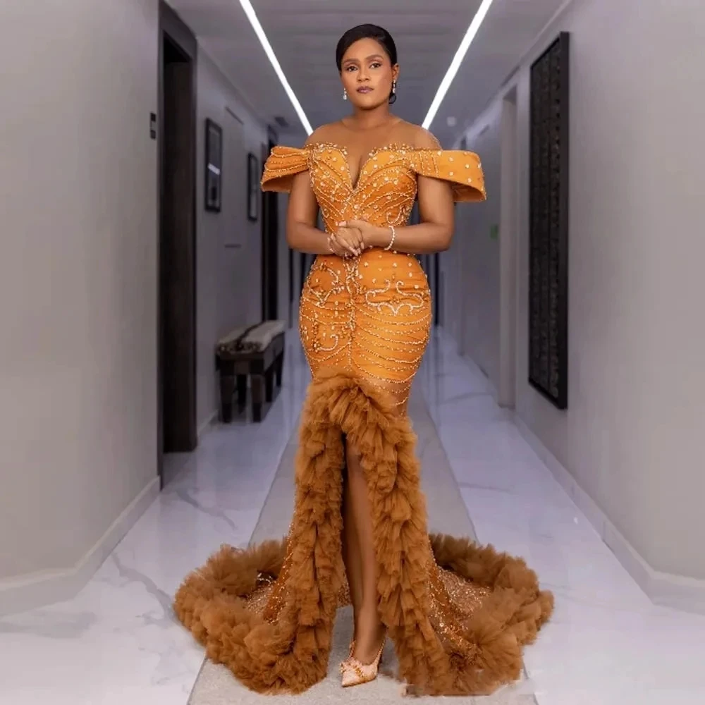 Gold African Aso Ebi Evening Dresses Off The Shoulder Tulle Slit Beaded Gown Prom Dresses For Black Girls Customized 2026
Gold African Aso Ebi Evening Dresses Off The Shoulder Tulle Slit Beaded Gown Prom Dresses For Black Girls Customized 2026