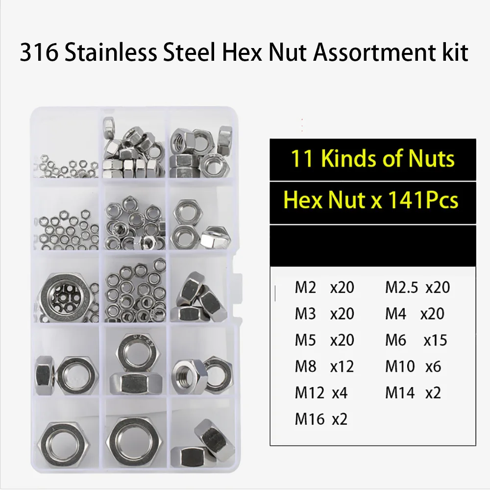 M2 M2.5 M3 M4 M5 M6 M8 M10 M12 M14 M16 201/316/304 Stainless Steel Hex Hexagon Nuts Set Hexagon Metric Nut Assortment Kit Set
M2 M2.5 M3 M4 M5 M6 M8 M10 M12 M14 M16 201/316/304 Stainless Steel Hex Hexagon Nuts Set Hexagon Metric Nut Assortment Kit Set