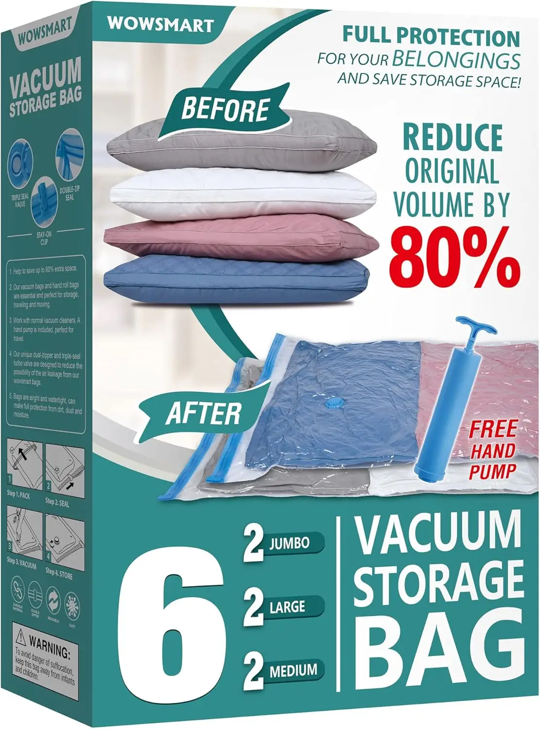 6 Pack Vacuum Storage Bags with Hand Pump, 80% Space Saver for Clothes, Travel & Bedding
6 Pack Vacuum Storage Bags with Hand Pump, 80% Space Saver for Clothes, Travel & Bedding