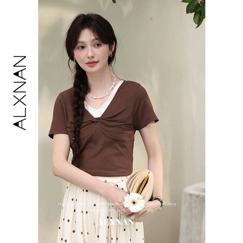 ALXNAN Women's T-shirt Summer V-neck Faux Two-piece Twist Design Short Sleeve Top Elegant Casual Fashion Female Clothing L65812
ALXNAN Women's T-shirt Summer V-neck Faux Two-piece Twist Design Short Sleeve Top Elegant Casual Fashion Female Clothing L65812