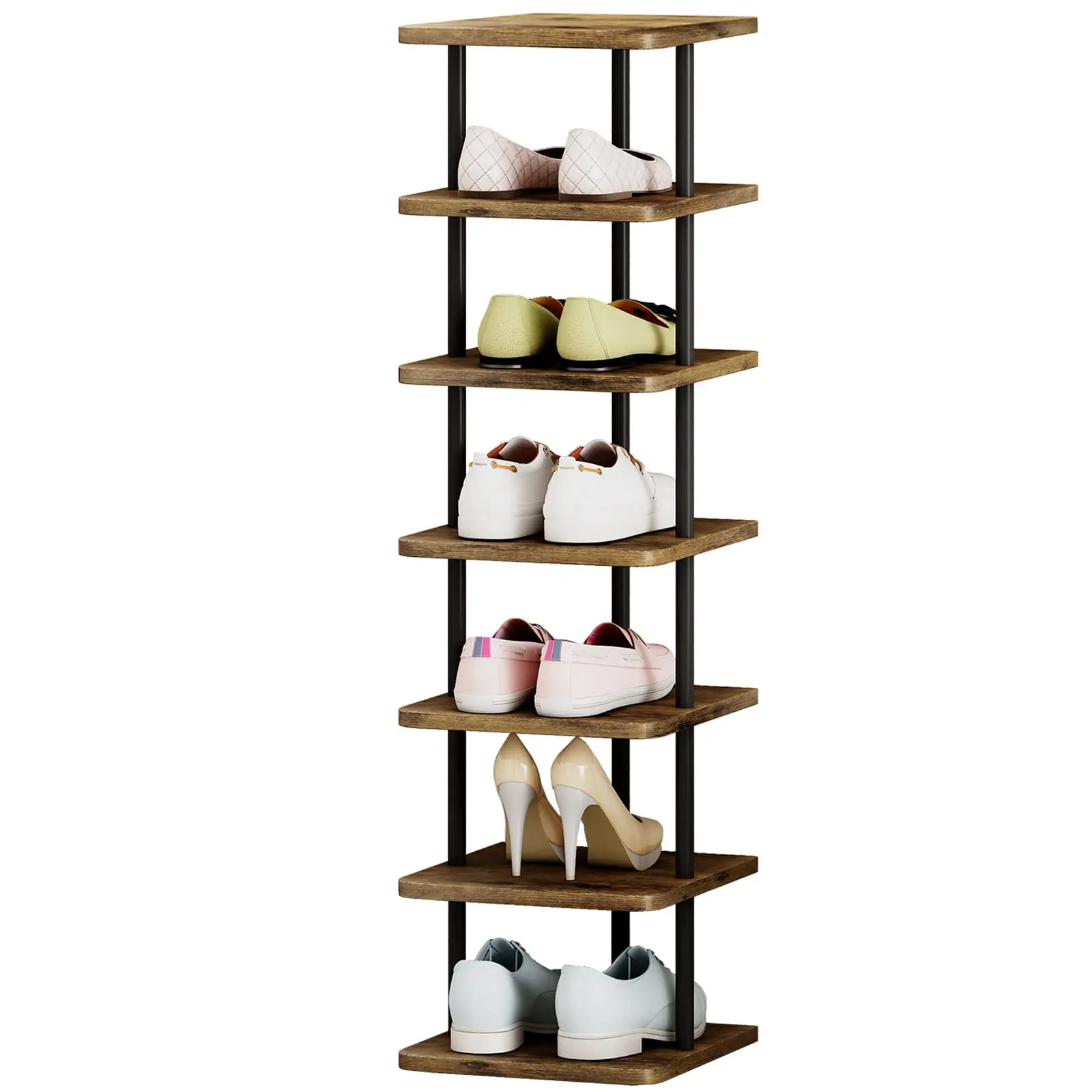 Seven-Level Tall Shoe Rack With Wood Shelves And Black Metal Frame For Space-Saving Entryway Closet Or Bedroom Organization
Seven-Level Tall Shoe Rack With Wood Shelves And Black Metal Frame For Space-Saving Entryway Closet Or Bedroom Organization