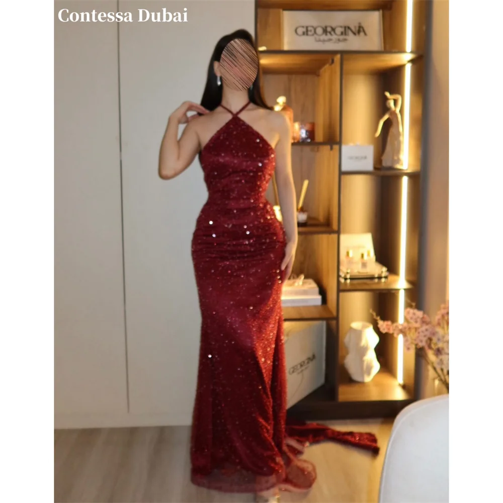 Contessa Custom Burgundy Sequin Evening Dress Halter Ruched Prom Dresses Mermaid Vestidos De Noche Train Formal Evening 2026
Contessa Custom Burgundy Sequin Evening Dress Halter Ruched Prom Dresses Mermaid Vestidos De Noche Train Formal Evening 2026