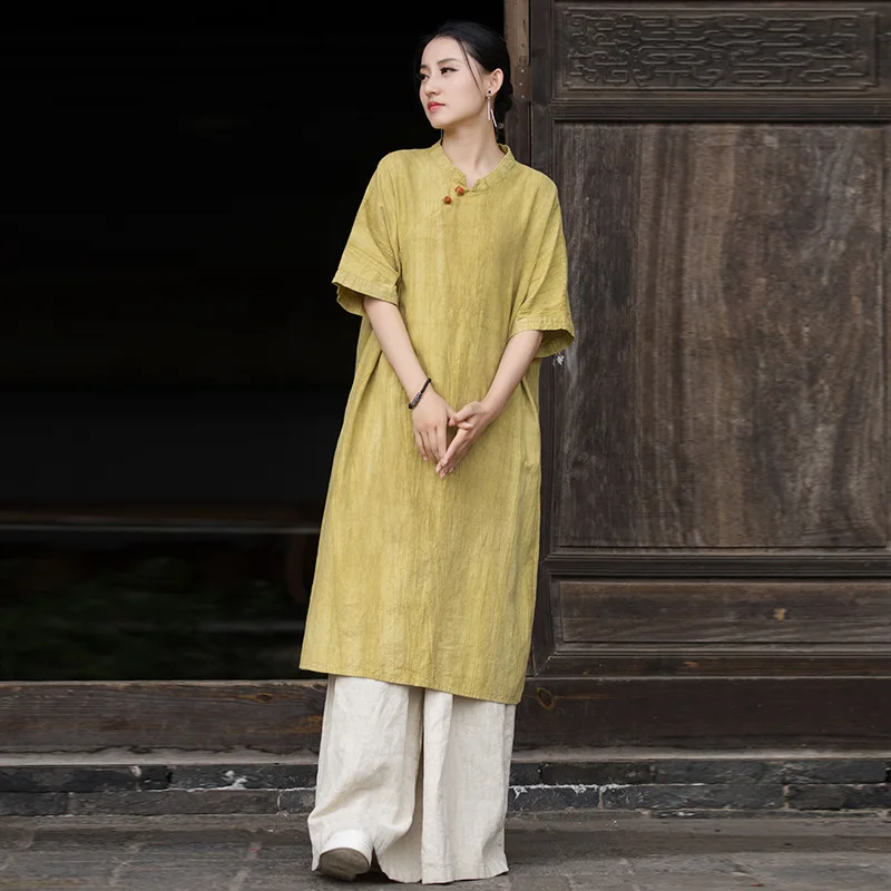 Women Improved Cheongsam Dress Handmade Tie-Dye Loose Covered Meat Tea Clothes Chinese Standing Collar Slant Lapel Dress Cotton
Women Improved Cheongsam Dress Handmade Tie-Dye Loose Covered Meat Tea Clothes Chinese Standing Collar Slant Lapel Dress Cotton