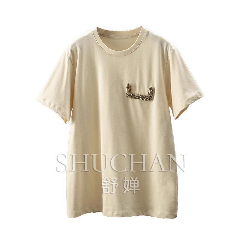 New Simple with Highlights, High-quality Pure Cotton Handmade Flower Diamond Round Neck Short-sleeved T-shirt Women
New Simple with Highlights, High-quality Pure Cotton Handmade Flower Diamond Round Neck Short-sleeved T-shirt Women