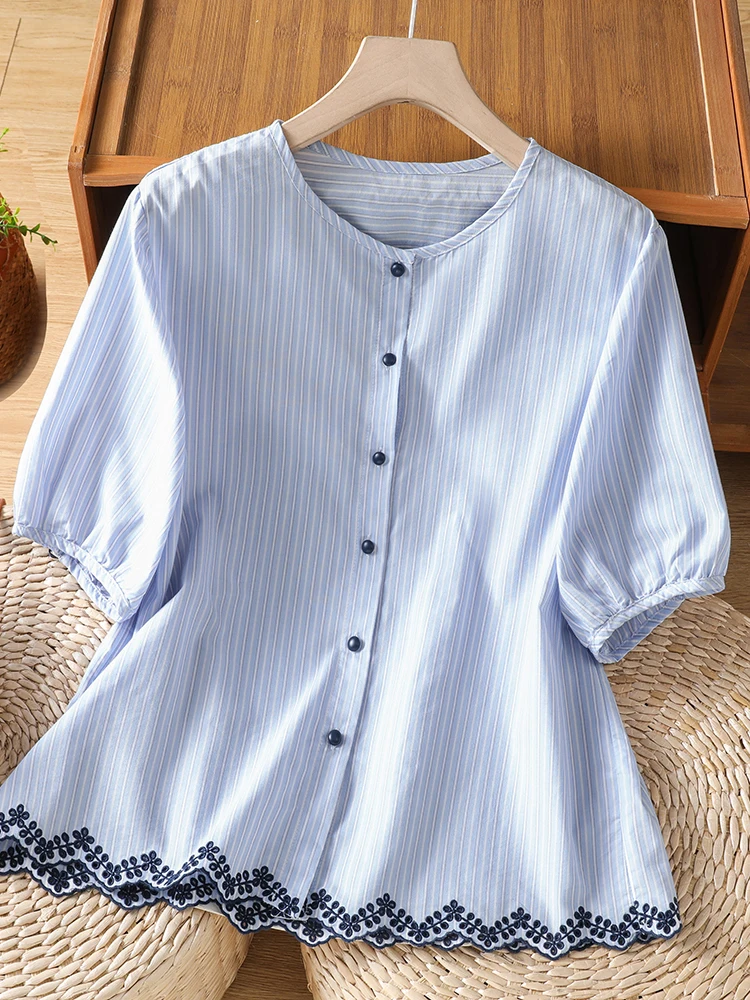 Casual Cotton Polyester Striped Shirt Embroidered round Neck Short Sleeve Loose Fit Summer Top for plus Size Women
Casual Cotton Polyester Striped Shirt Embroidered round Neck Short Sleeve Loose Fit Summer Top for plus Size Women