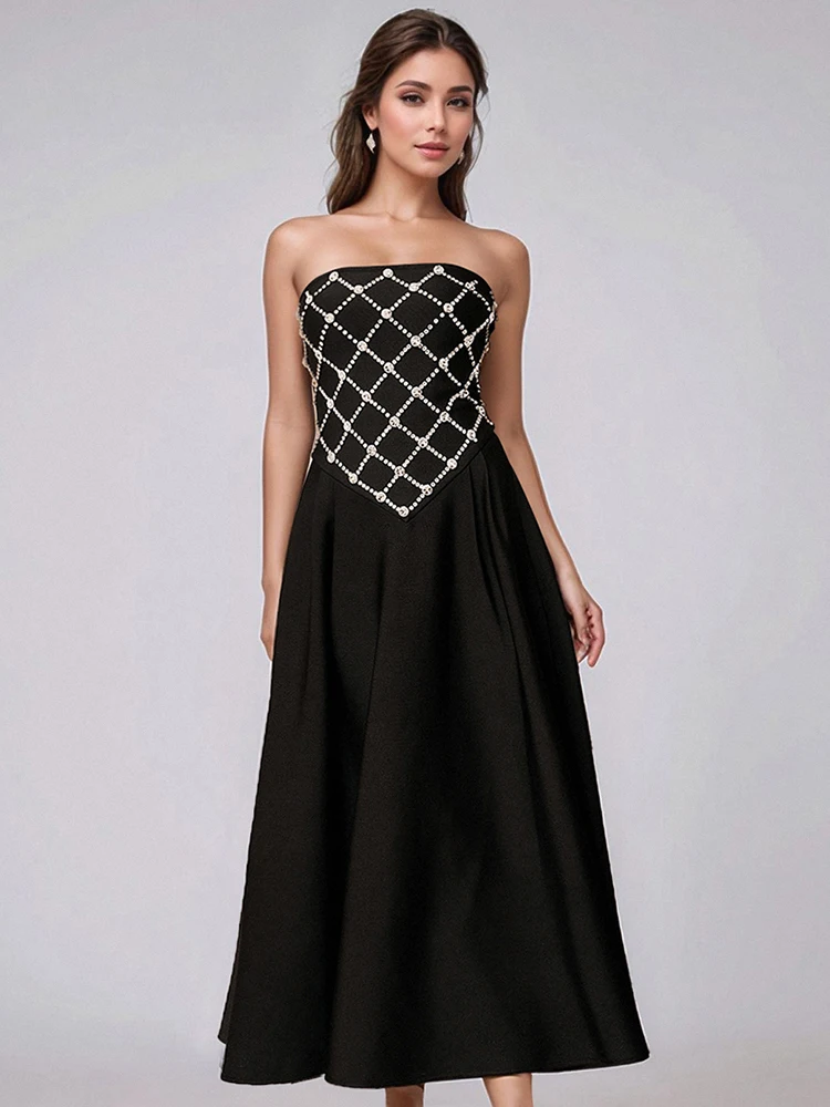 Black Off-The-Shoulder Long Dandage Dress with Diamond-Shaped Pearl Embellishments Women's A-line Backless Party Gown
Black Off-The-Shoulder Long Dandage Dress with Diamond-Shaped Pearl Embellishments Women's A-line Backless Party Gown