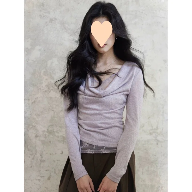 Women's 2026 Spring Summer French Style Fake Two Piece Draped Neck Lace Splice Knit Top Slim Fit Elegant Inner Wear
Women's 2026 Spring Summer French Style Fake Two Piece Draped Neck Lace Splice Knit Top Slim Fit Elegant Inner Wear