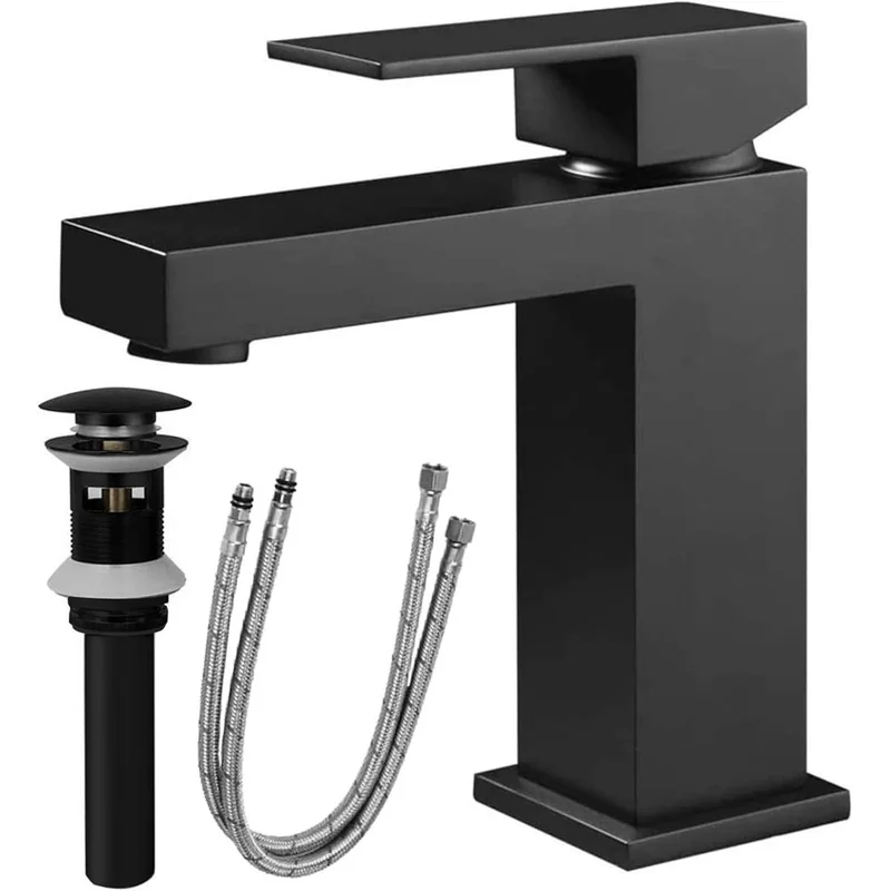 Matte Black Single Handle Bathroom Faucet, Solid Brass Sink Faucet with Pop-Up Drain and Supply Hoses
Matte Black Single Handle Bathroom Faucet, Solid Brass Sink Faucet with Pop-Up Drain and Supply Hoses