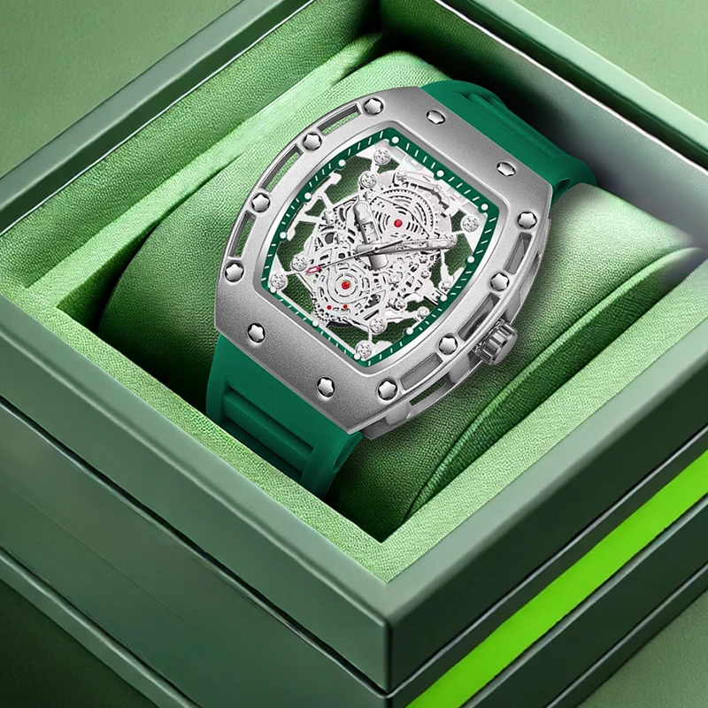 A men's fashion sporty hollow-out cool stylish quartz watch with a silver case and green strap
A men's fashion sporty hollow-out cool stylish quartz watch with a silver case and green strap