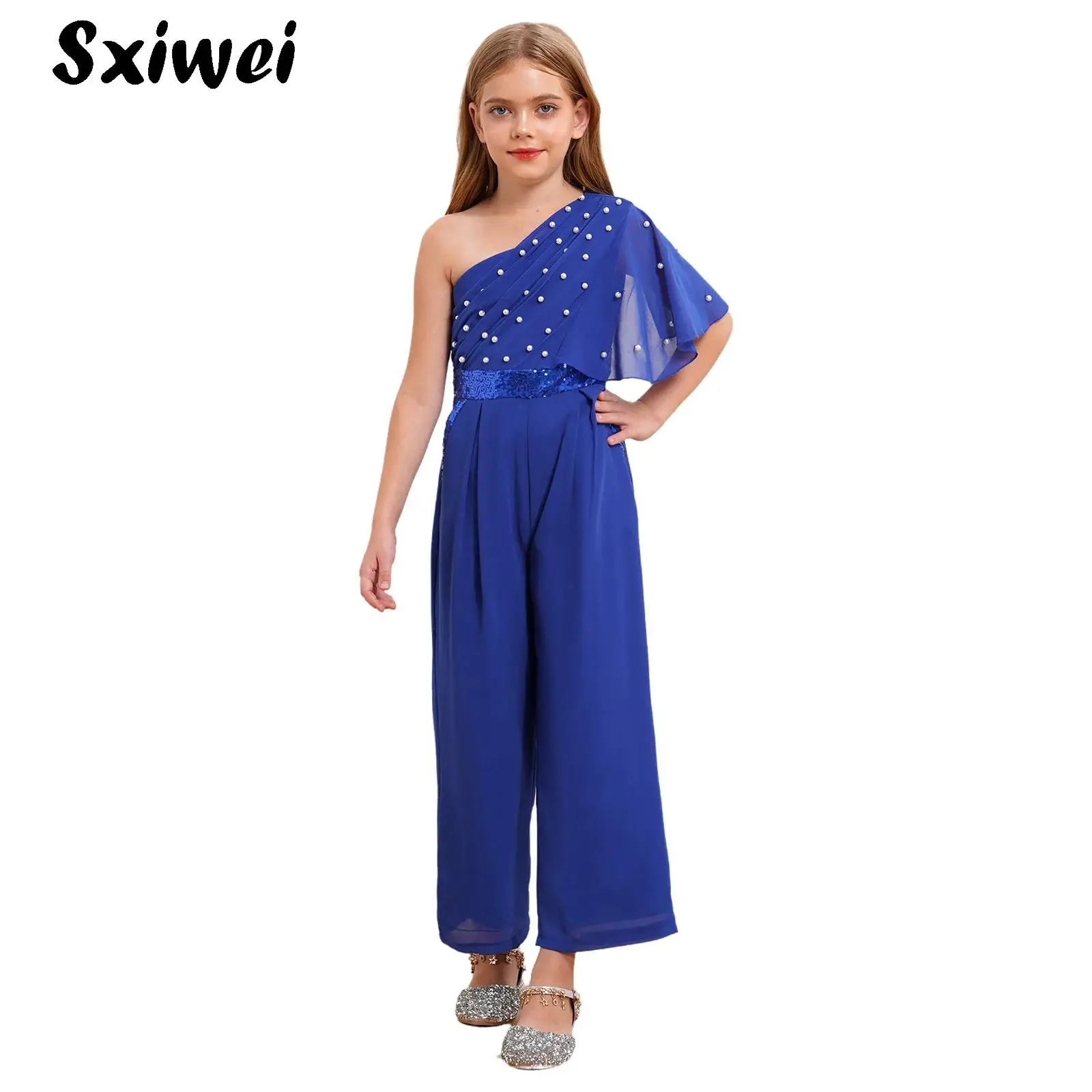Kids Girls One Shoulder Ruffled Wide Leg Jumpsuit Pearls Sequin Elegant Party Rompers Full-length Evening Party Ball Gown
Kids Girls One Shoulder Ruffled Wide Leg Jumpsuit Pearls Sequin Elegant Party Rompers Full-length Evening Party Ball Gown