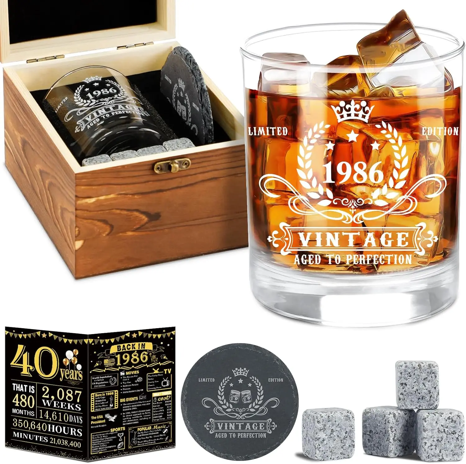 40th Birthday Gift for Men, Vintage 1986 Whiskey Glass Set with Wood Box, Stones, Coaster & Card
40th Birthday Gift for Men, Vintage 1986 Whiskey Glass Set with Wood Box, Stones, Coaster & Card