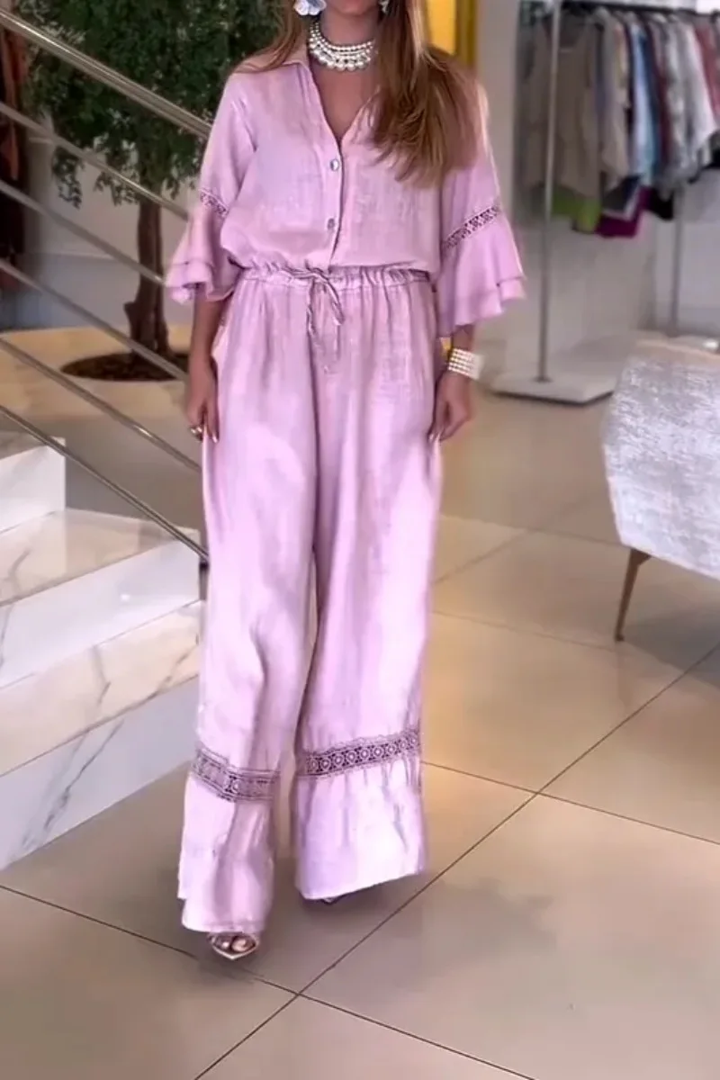 Spring Casual Jumpsuits Elegant V-neck Buttons Lotus Leaf Sleeves Lace Splicing Jumpsuits Fashion Commuting Women Clothing
Spring Casual Jumpsuits Elegant V-neck Buttons Lotus Leaf Sleeves Lace Splicing Jumpsuits Fashion Commuting Women Clothing