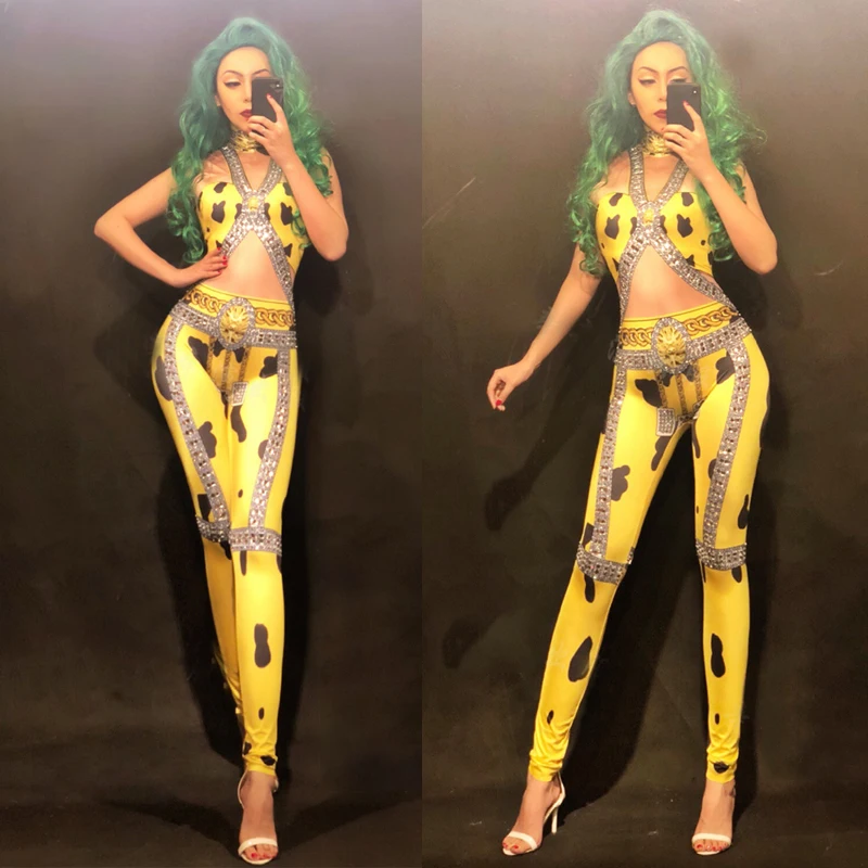 Sexy Pole Dance Jumpsuit Sexy Rhinestone Yellow Stretch Rompers Black Dots Printed JumpsuitNightclub Party Celebrate Costume
Sexy Pole Dance Jumpsuit Sexy Rhinestone Yellow Stretch Rompers Black Dots Printed JumpsuitNightclub Party Celebrate Costume