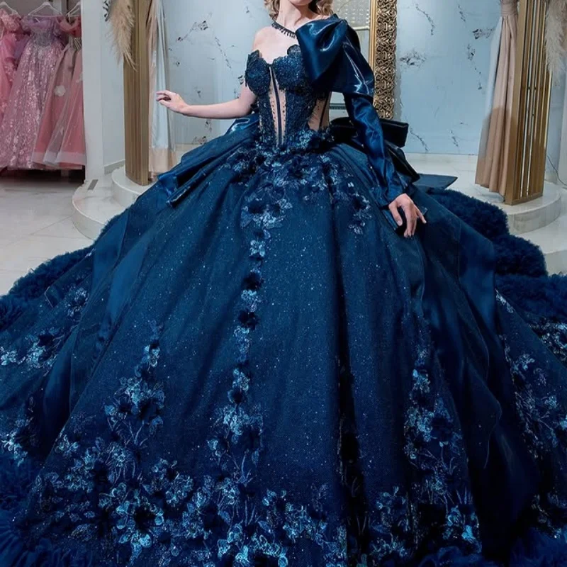 Customized Shiny dark blue Quinceanera Dresses Off the Shoulder Sequin decal Lace 3D flower Bow Long tail Vestido 15 Quinceanera
Customized Shiny dark blue Quinceanera Dresses Off the Shoulder Sequin decal Lace 3D flower Bow Long tail Vestido 15 Quinceanera