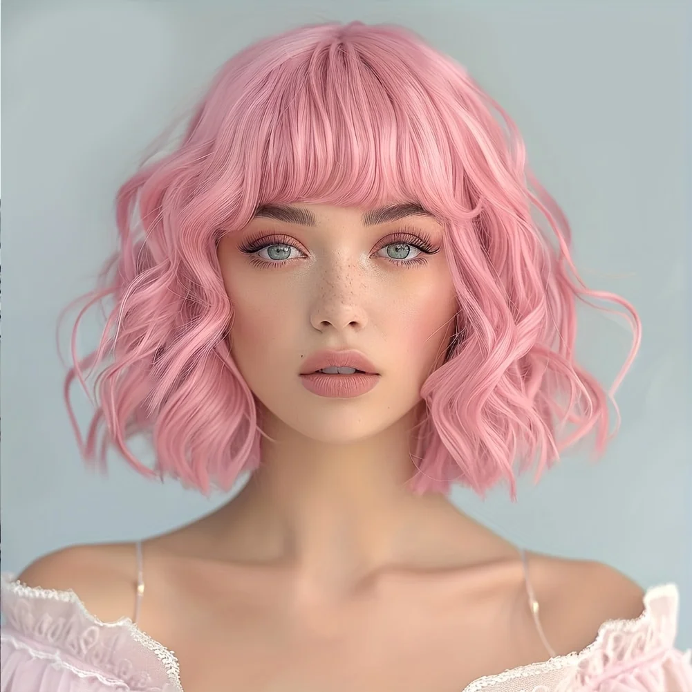 Festival-style Synthetic Wig for Women, Pink Bangs Short Wavy Hair, Matte High-Temperature Fiber with Rose Hairnet
Festival-style Synthetic Wig for Women, Pink Bangs Short Wavy Hair, Matte High-Temperature Fiber with Rose Hairnet