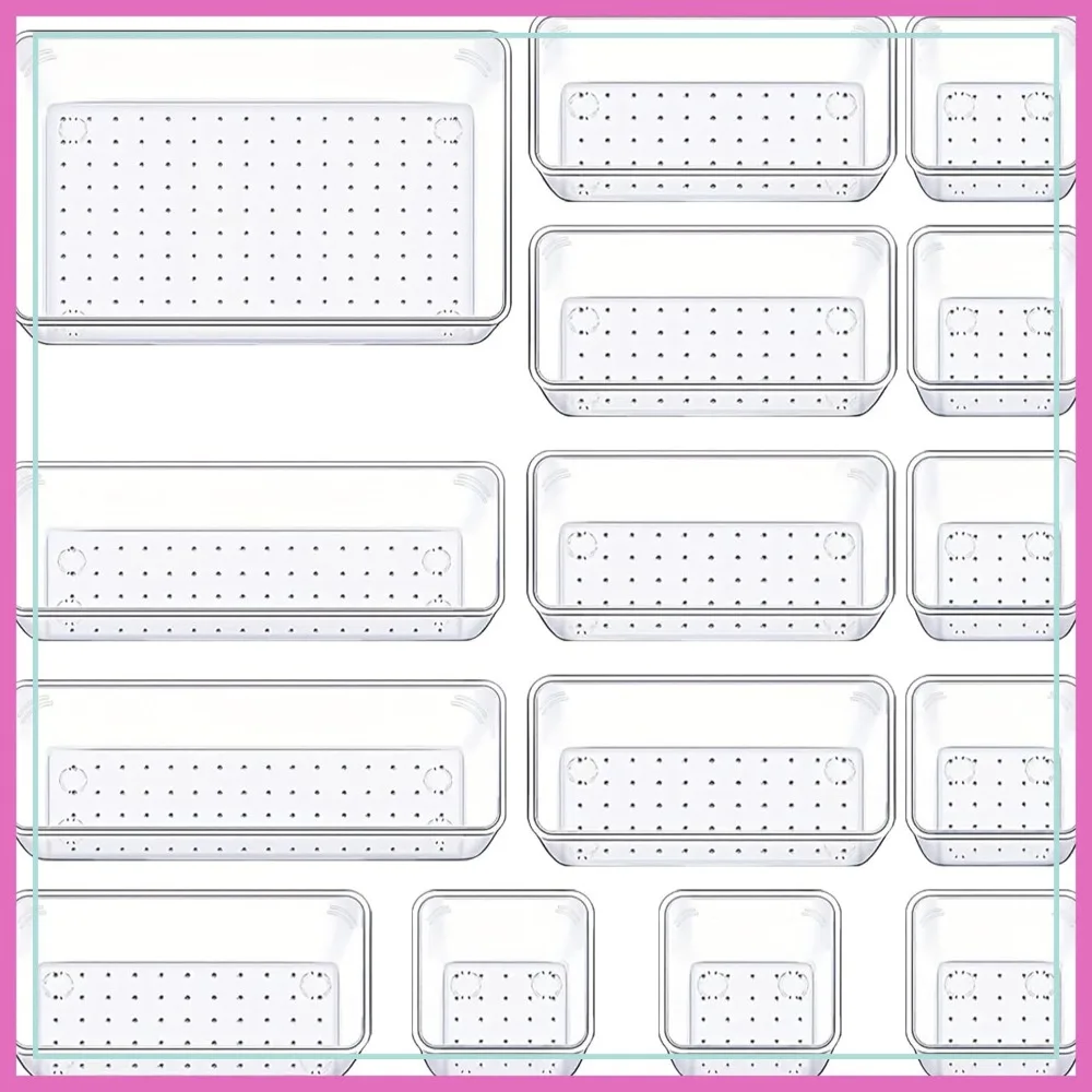 15 Pcs Clear Plastic Drawer Organizers Set, 4 Sizes for Kitchen, Bathroom, Office, Dresser, Desk, Jewelry, Makeup, Gadgets
15 Pcs Clear Plastic Drawer Organizers Set, 4 Sizes for Kitchen, Bathroom, Office, Dresser, Desk, Jewelry, Makeup, Gadgets
