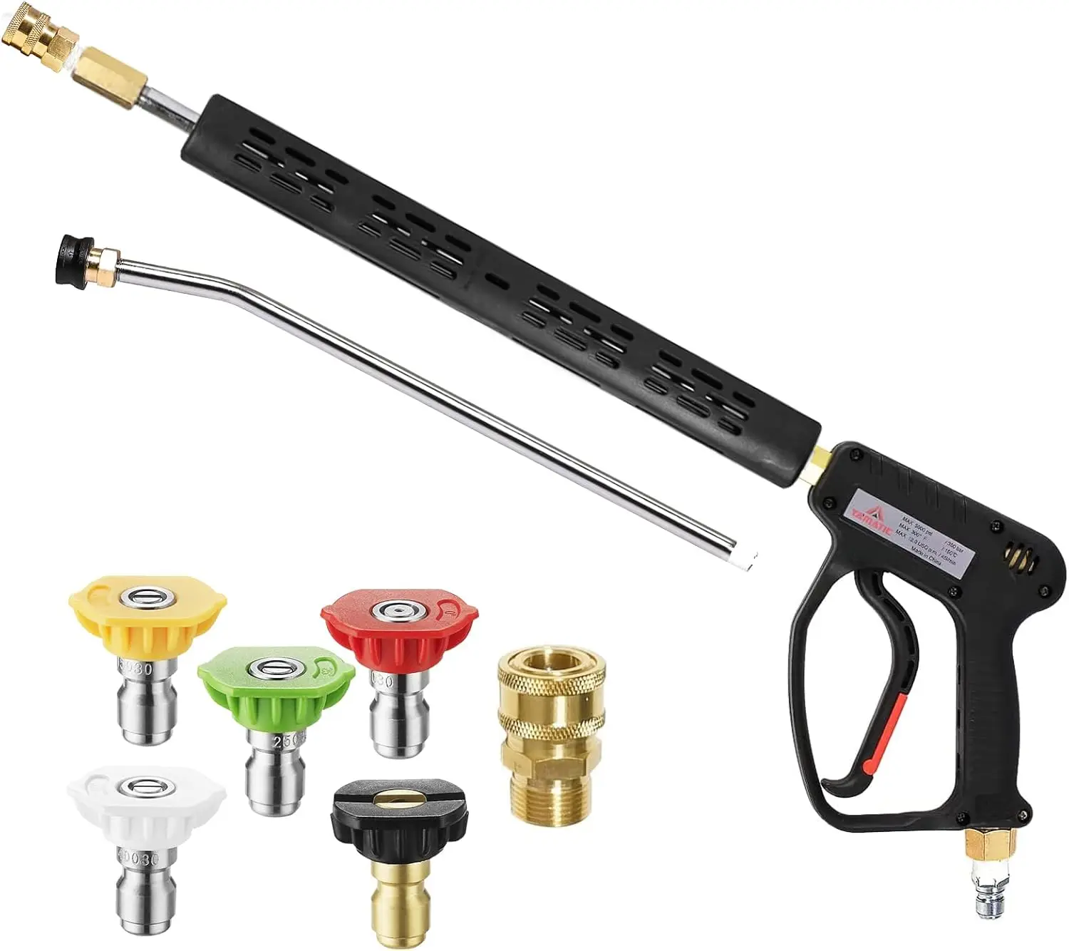 5000 PSI Pressure Washer Gun with 3/8" Swivel Plug & M22-14mm Coupler, Power Washer Trigger Handle with 1/4" Quick Connect, 2 Extension Lances & 5 Nozzle Tips
5000 PSI Pressure Washer Gun with 3/8" Swivel Plug & M22-14mm Coupler, Power Washer Trigger Handle with 1/4" Quick Connect, 2 Extension Lances & 5 Nozzle Tips