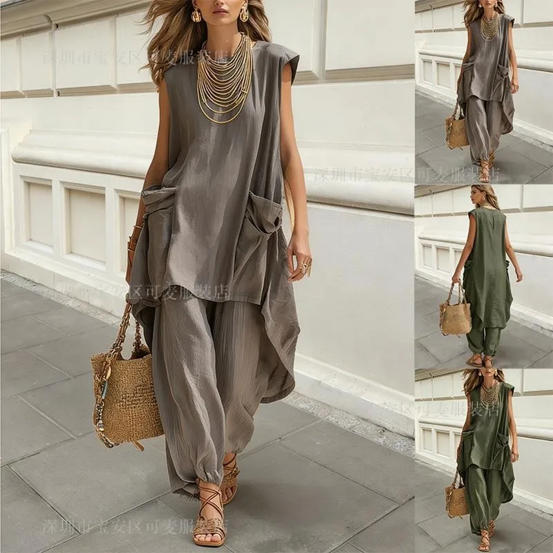 2 Pieces Set For Woman T Shirt Sleeveless V Neck Tee Wide Leg Pants Olive -Shirt Summer Casual Set Gray Top Womens Matching Sets
2 Pieces Set For Woman T Shirt Sleeveless V Neck Tee Wide Leg Pants Olive -Shirt Summer Casual Set Gray Top Womens Matching Sets