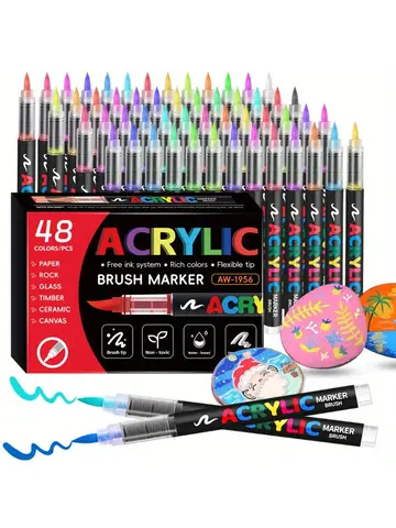 12/24/36/48 Color Acrylic Paint Pen Markers Brush Tip Paint Marker For Rock Painting Wood Canvas Stone, Christmas Gift DIY Craft