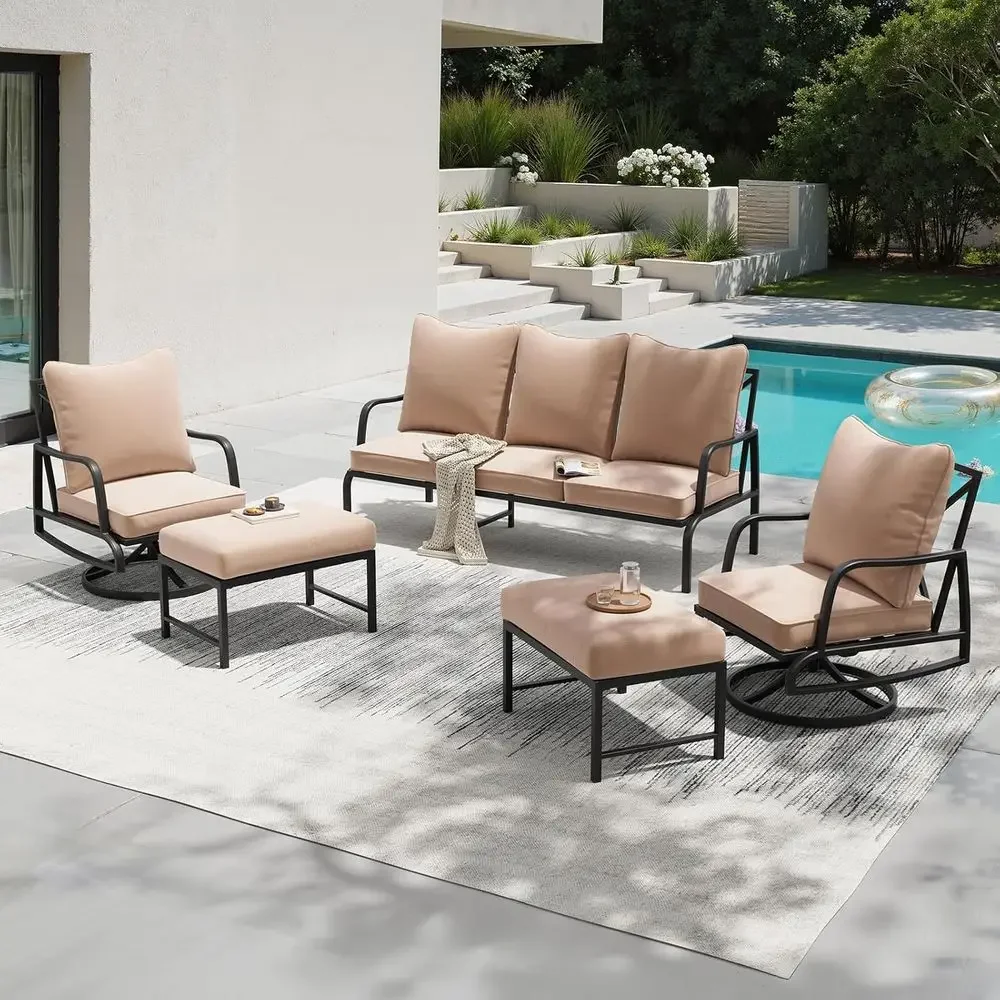 5-Piece Outdoor Patio Furniture Set with Swivel Chairs, Sofa, and Ottomans for Metal Construction Spaces
5-Piece Outdoor Patio Furniture Set with Swivel Chairs, Sofa, and Ottomans for Metal Construction Spaces