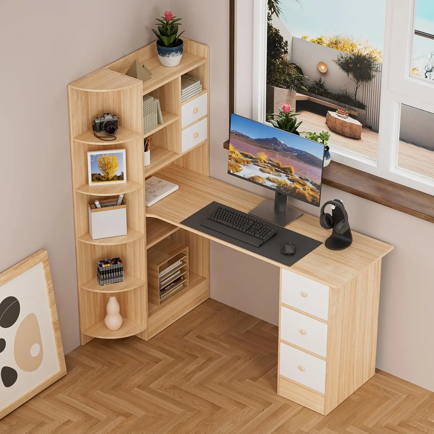 Brown L-Shaped Computer Desk with Bookshelf Corner Study Table Storage Shelves with Drawers & File Cabinet-Home Office Furniture
Brown L-Shaped Computer Desk with Bookshelf Corner Study Table Storage Shelves with Drawers & File Cabinet-Home Office Furniture