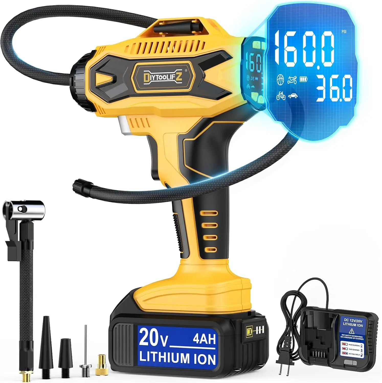 Cordless Tire Inflator Air Compressor, 160PSI Portable Air Pump with Digital Gauge for Cars, Motorcycles, Bikes
Cordless Tire Inflator Air Compressor, 160PSI Portable Air Pump with Digital Gauge for Cars, Motorcycles, Bikes