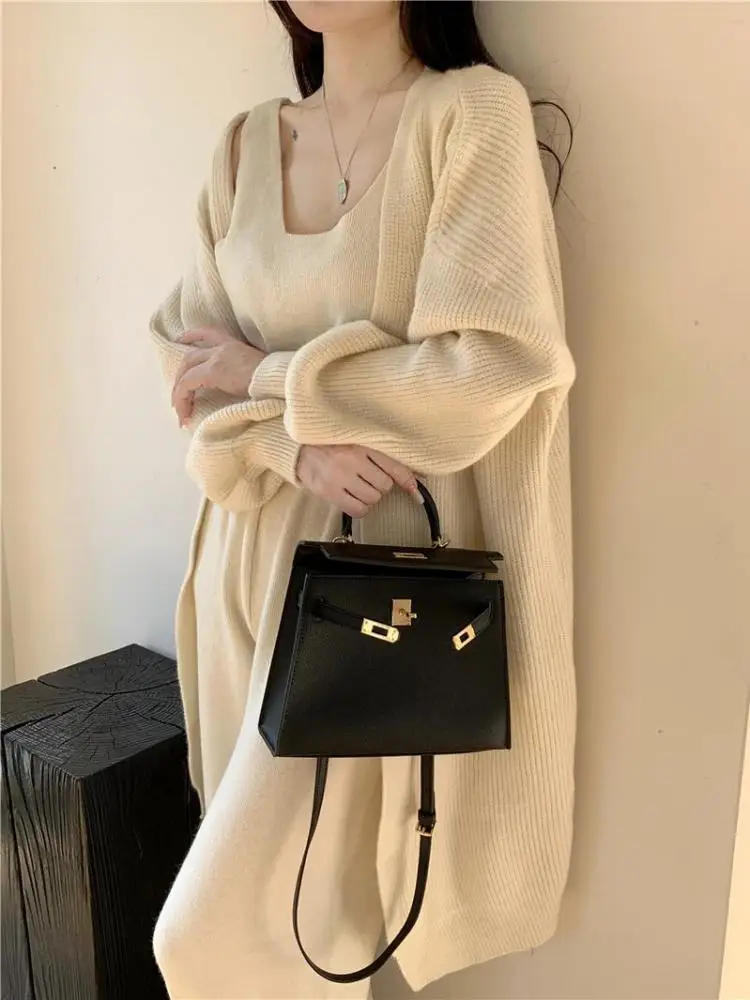 Autumn Winter Three Piece Set Women Solid Elegant Long Cardigan Knitted Sweater + Vest Tops And High Waist Wide Leg Pant Popular
Autumn Winter Three Piece Set Women Solid Elegant Long Cardigan Knitted Sweater + Vest Tops And High Waist Wide Leg Pant Popular