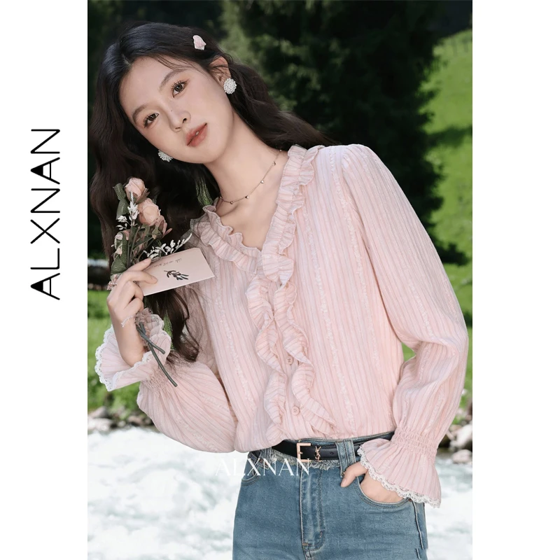 ALXNAN Pink Shirt Women Ruffled V-neck Shirt Elegant Lace Trim Cuffs Blouse French Vintage Office Long Sleeve Tops Spring L61502
ALXNAN Pink Shirt Women Ruffled V-neck Shirt Elegant Lace Trim Cuffs Blouse French Vintage Office Long Sleeve Tops Spring L61502